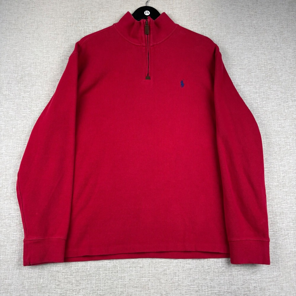 Polo Ralph Lauren Mens XL Red Quarter Zip Pullover Sweater Blue Pony Logo